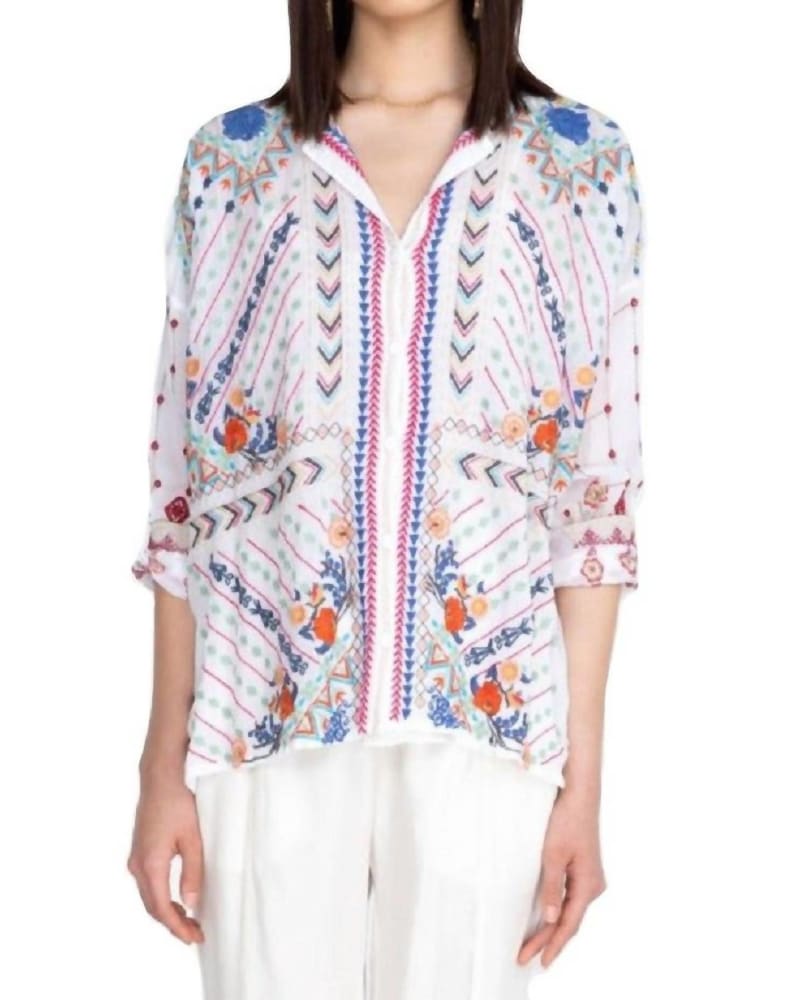 Front of a model wearing a size XXL Disha Blouse in White in White by Johnny Was. | dia_product_style_image_id:333845